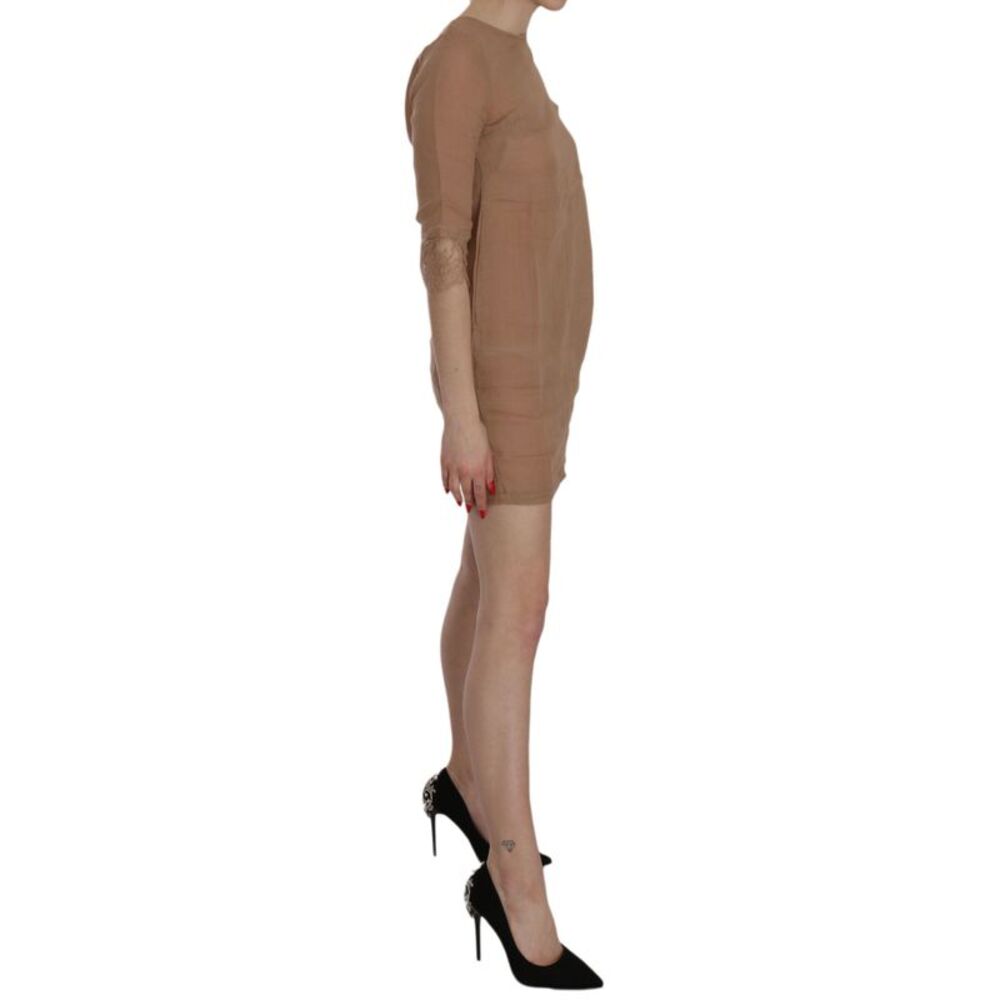PINK MEMORIES Brown 3/4 Sleeve Crewneck Shift Mini Women's Dress